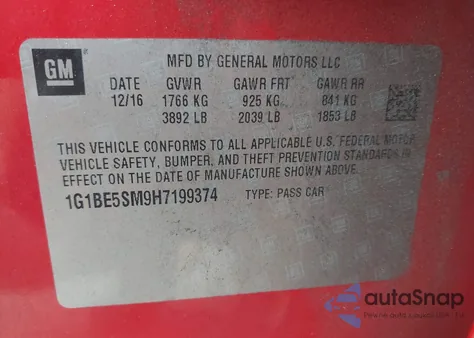 2017 Chevrolet Cruze Lt Auto from USA, damaged, VIN 1G1BE5SM9H7199374